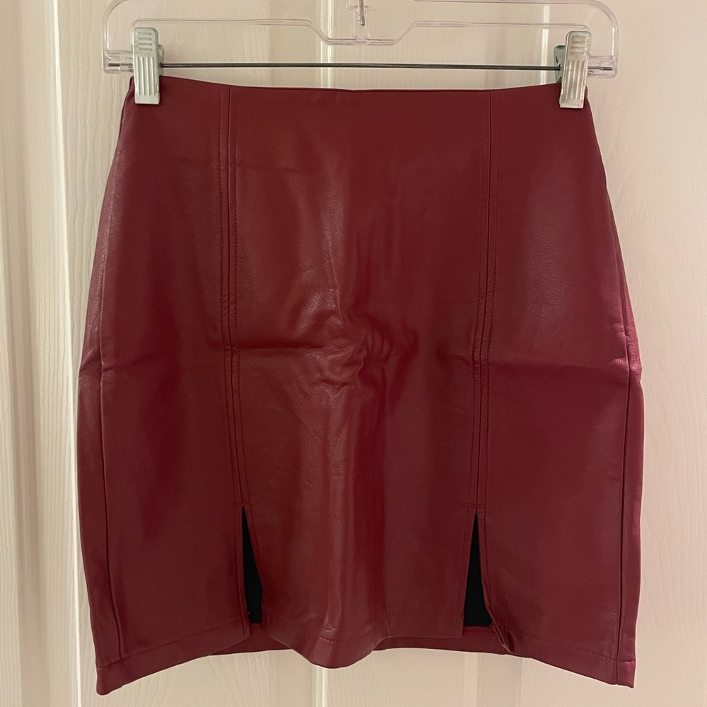 red fake leather skirt